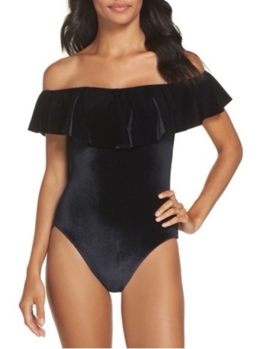 Trina Turk Ruffle Velvet Off-Shoulder One Piece Bathing Suit in Size 8